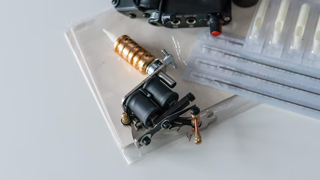 Professional tattoo supplies and body piercing equipment, including a tattoo machine and sterile needles, displayed on a clean workstation for a safe studio appointment.