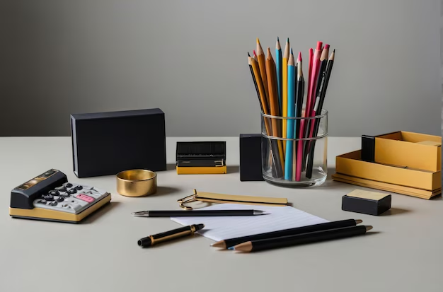 A professional set of premium office stationery and desk equipment, including sleek black pens, pencils, and a stylish calculator, organized for a corporate business environment
