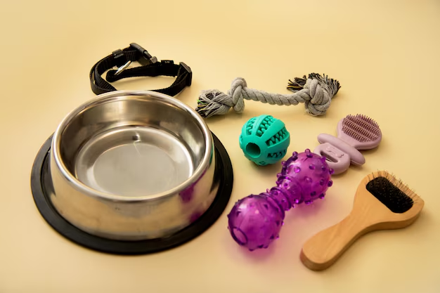 A variety of essential pet care supplies and wholesale pet shop equipment, including a stainless steel dog bowl, leashes, and colourful chew toys for grooming and training