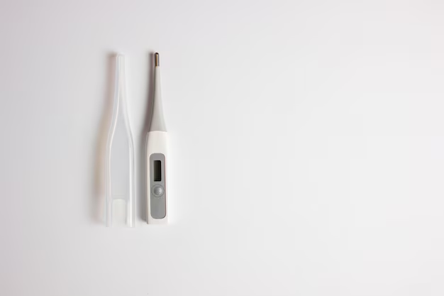 A digital thermometer next to a Livingstone disposable sheath cover used for clinic infection control and patient safety.