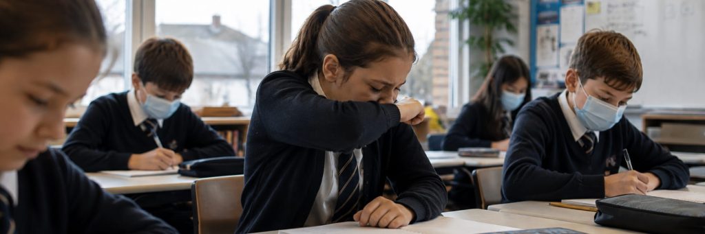 School students following respiratory hygiene practices in the classroom to help prevent the spread of illness.
