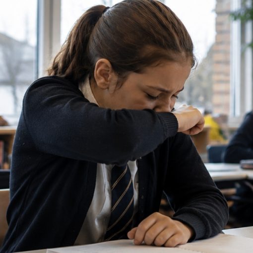 School students following respiratory hygiene practices in the classroom to help prevent the spread of illness.
