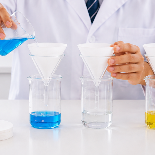 Student using filter paper in a school science laboratory filtration experiment