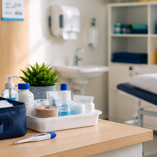 School first aid kit and medical supplies inside a school sickbay