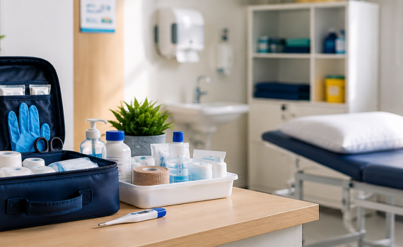 School first aid kit and medical supplies inside a school sickbay