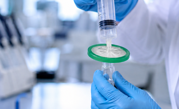 Sterile syringe filter used for laboratory sample preparation and solution filtration