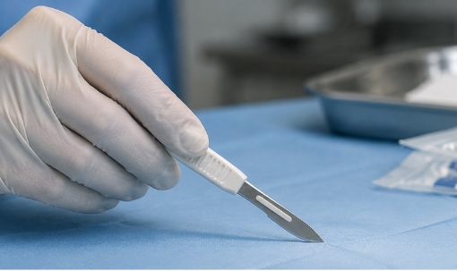 Gloved clinician holding sterile disposable scalpel