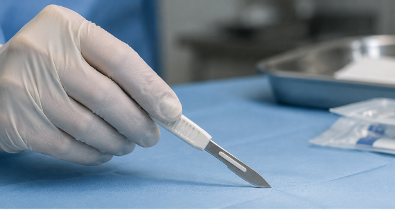 Gloved clinician holding sterile disposable scalpel