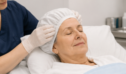 Elderly woman wearing shower cap