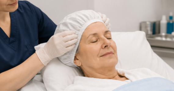 Elderly woman wearing shower cap