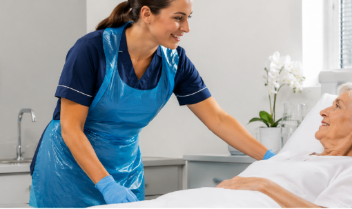 Caregiver assisting elderly patient in bed
