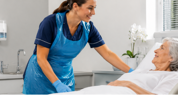Caregiver assisting elderly patient in bed