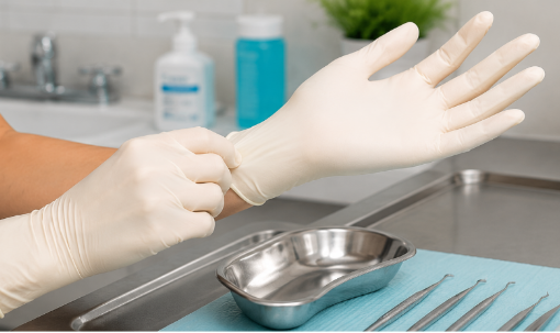 Clinician putting on examination gloves