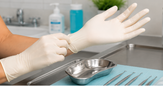 Clinician putting on examination gloves