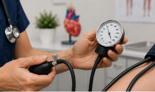 Clinician checking patient blood pressure