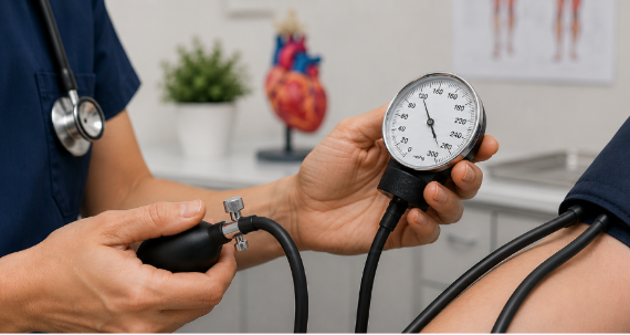 Clinician checking patient blood pressure
