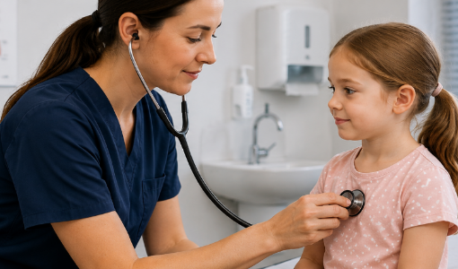 Clinician examining child with stethoscope