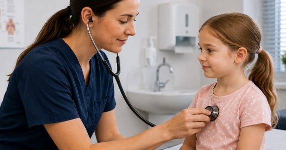 Clinician examining child with stethoscope