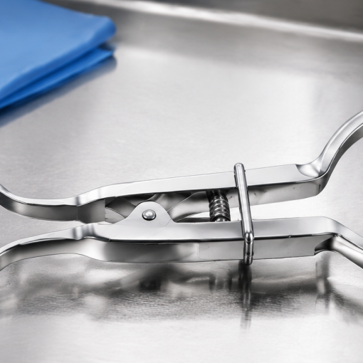 Rubber dam forceps arranged with dental isolation equipment in a clinical setting