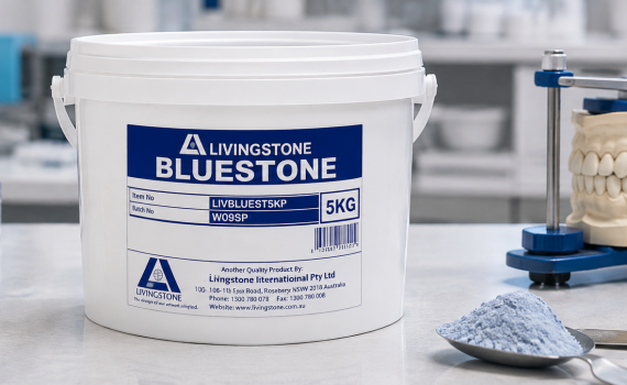 Livingstone Bluestone dental laboratory stone pail with dental casts and laboratory equipment