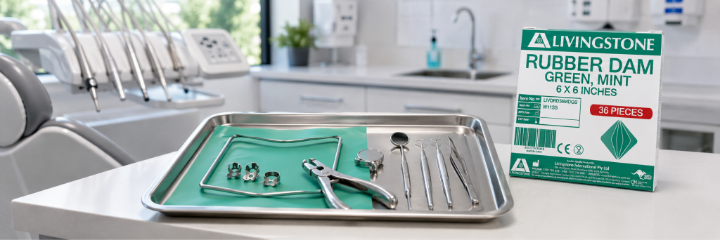 Dentist tray with rubber damand and instruments