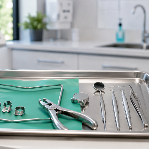 Dentist tray with rubber damand and instruments