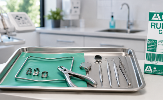 Dentist tray with rubber damand and instruments