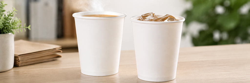 Plain white paper coffee cup used for hot and cold drinks on a clean tabletop
