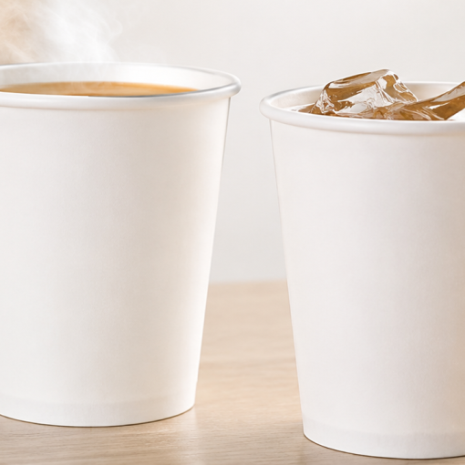 Plain white paper coffee cup used for hot and cold drinks on a clean tabletop