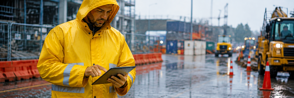  Worker wearing rain coat