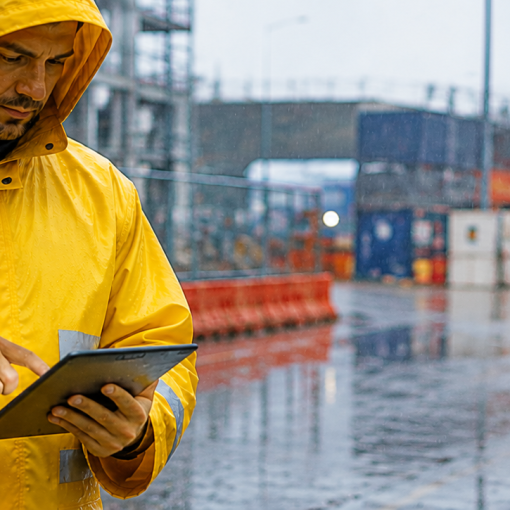  Worker wearing rain coat