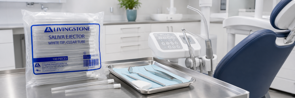 Saliva ejector placed in dental tray
