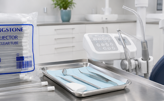 Saliva ejector placed in dental tray