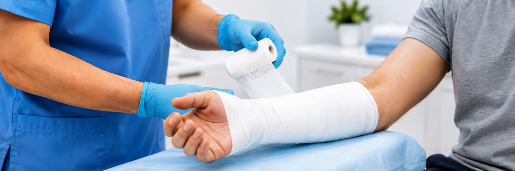 Clinician bandaging injured forearm
