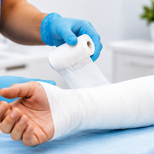 Clinician bandaging injured forearm