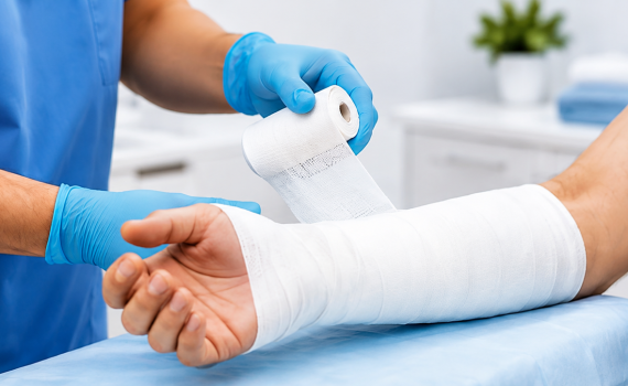 Clinician bandaging injured forearm