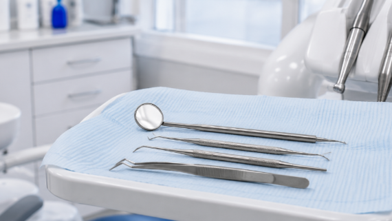 Dental examination mirror on treatment tray