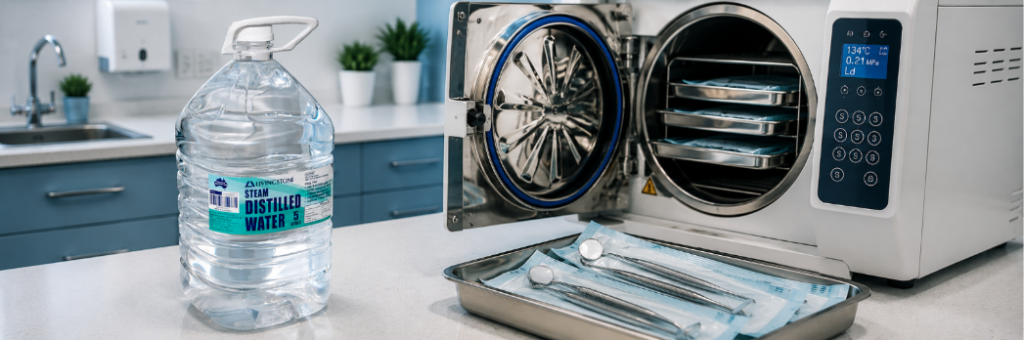 Distilled water bottle beside medical autoclave