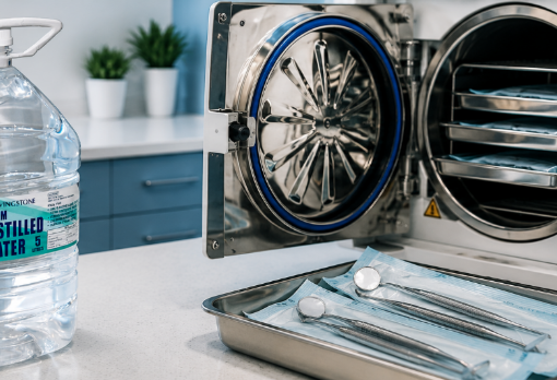 Distilled water bottle beside medical autoclave