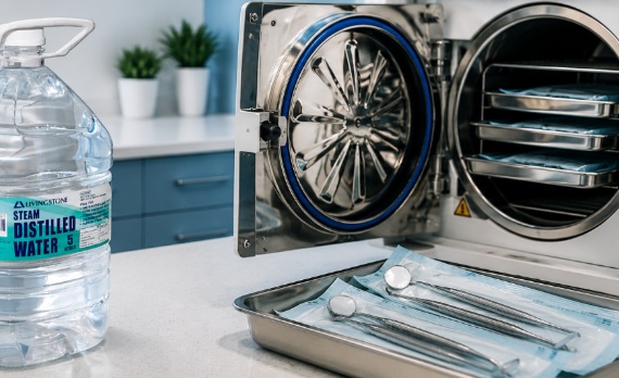 Distilled water bottle beside medical autoclave