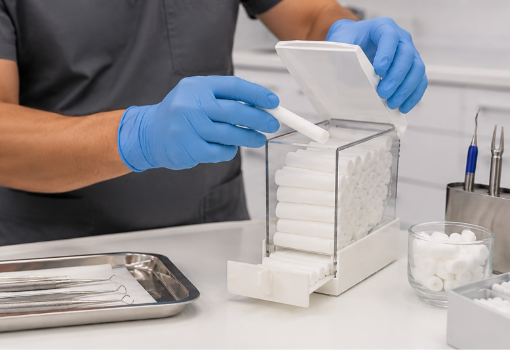 Cotton roll dispenser improving chairside workflow