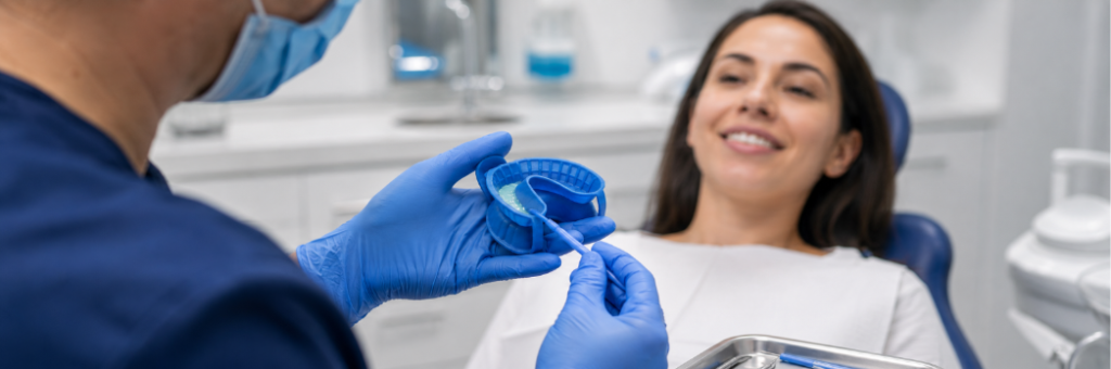 Dentist applying fluoride with dental tray