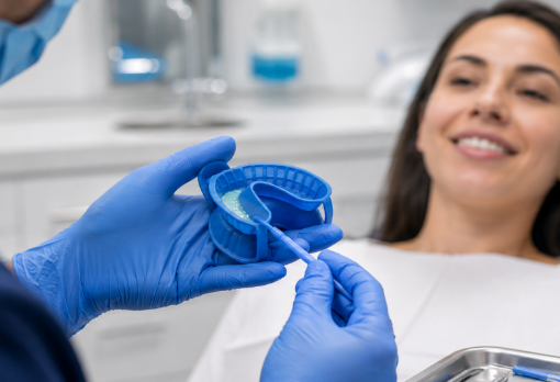 Dentist applying fluoride with dental tray