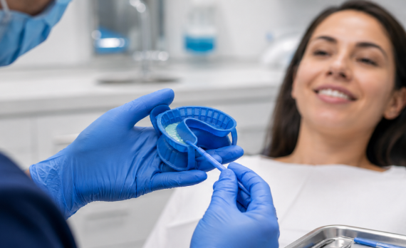 Dentist applying fluoride with dental tray