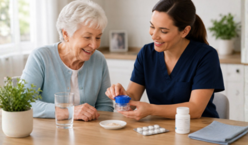 Nurse demonstrating pill crusher usage