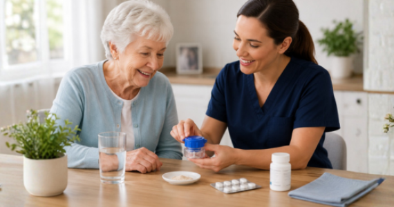 Nurse demonstrating pill crusher usage