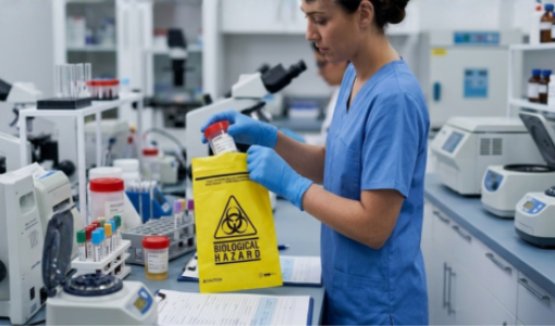 Healthcare worker handling specimen bag