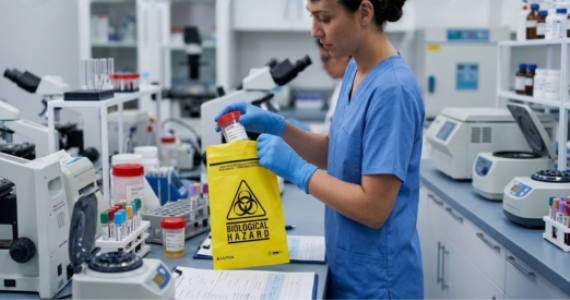 Healthcare worker handling specimen bag
