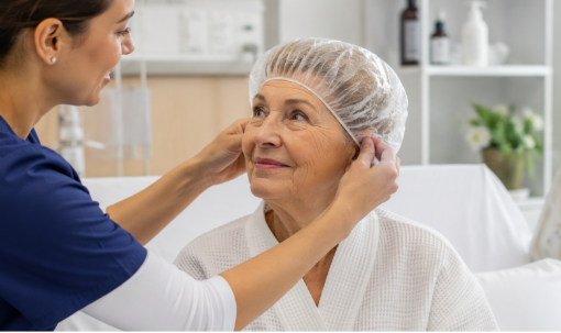 Patient wearing disposable shower cap