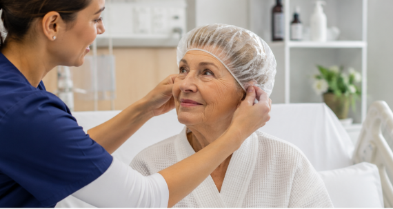 Patient wearing disposable shower cap